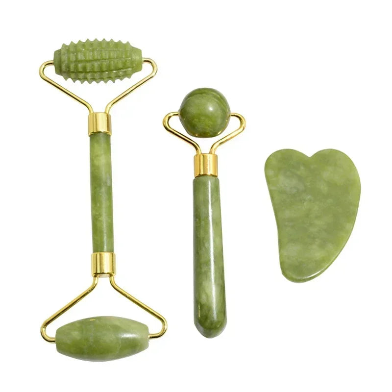 Rolo de Jade + Massageador Facial Gua Sha de Jade Natural