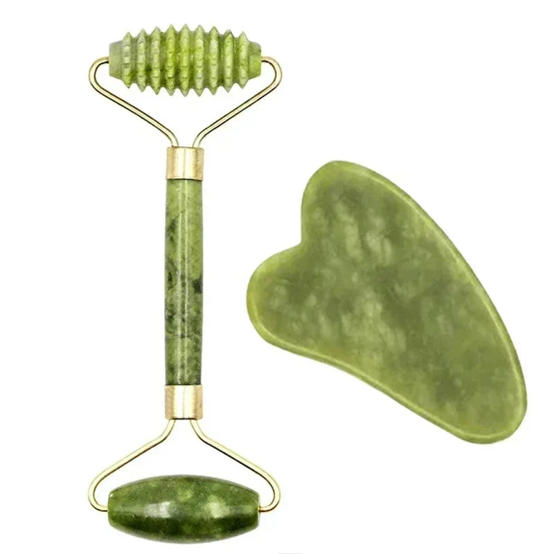 Rolo de Jade + Massageador Facial Gua Sha de Jade Natural