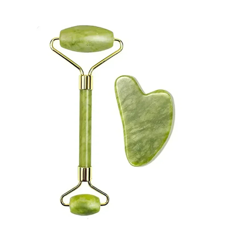 Rolo de Jade + Massageador Facial Gua Sha de Jade Natural